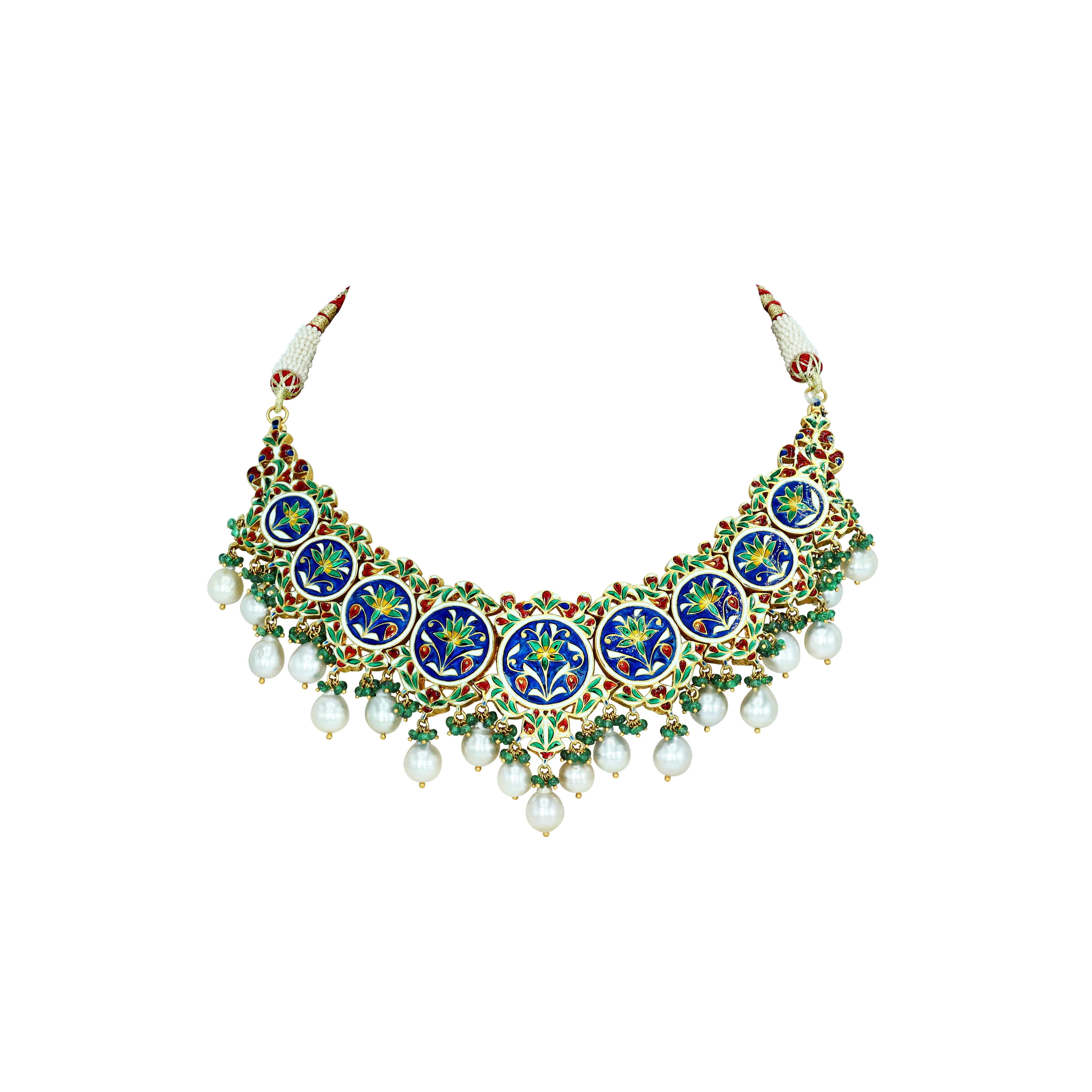 Navaratan Necklace with Polki Diamonds, Pearls, and Emerald Beads